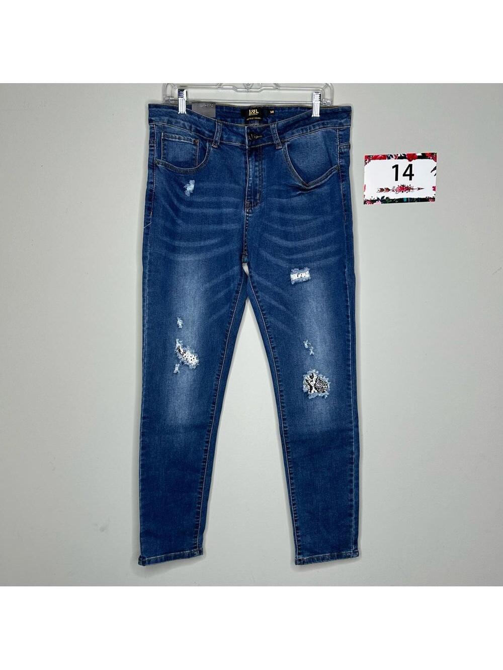 L&B size 14 mid rise skinny jeans snake print patches denim